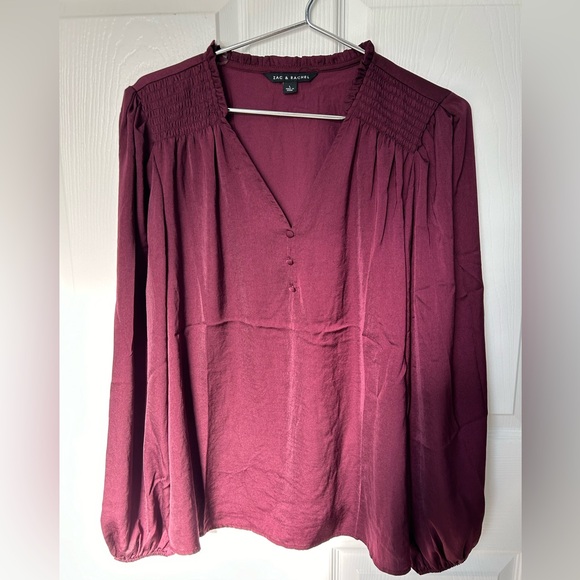 Zac & Rachel Flowy Wine Colored Bell Sleeve Peasant Blouse Size L - Picture 9 of 10